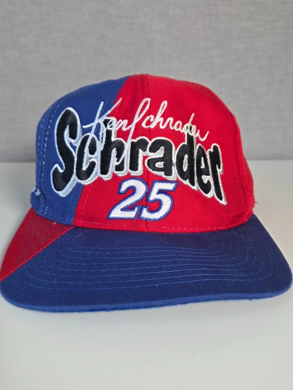 Vintage 90s Ken Schrader #25 AJD Bud Racing NASCAR Snapback Hat Red Blue